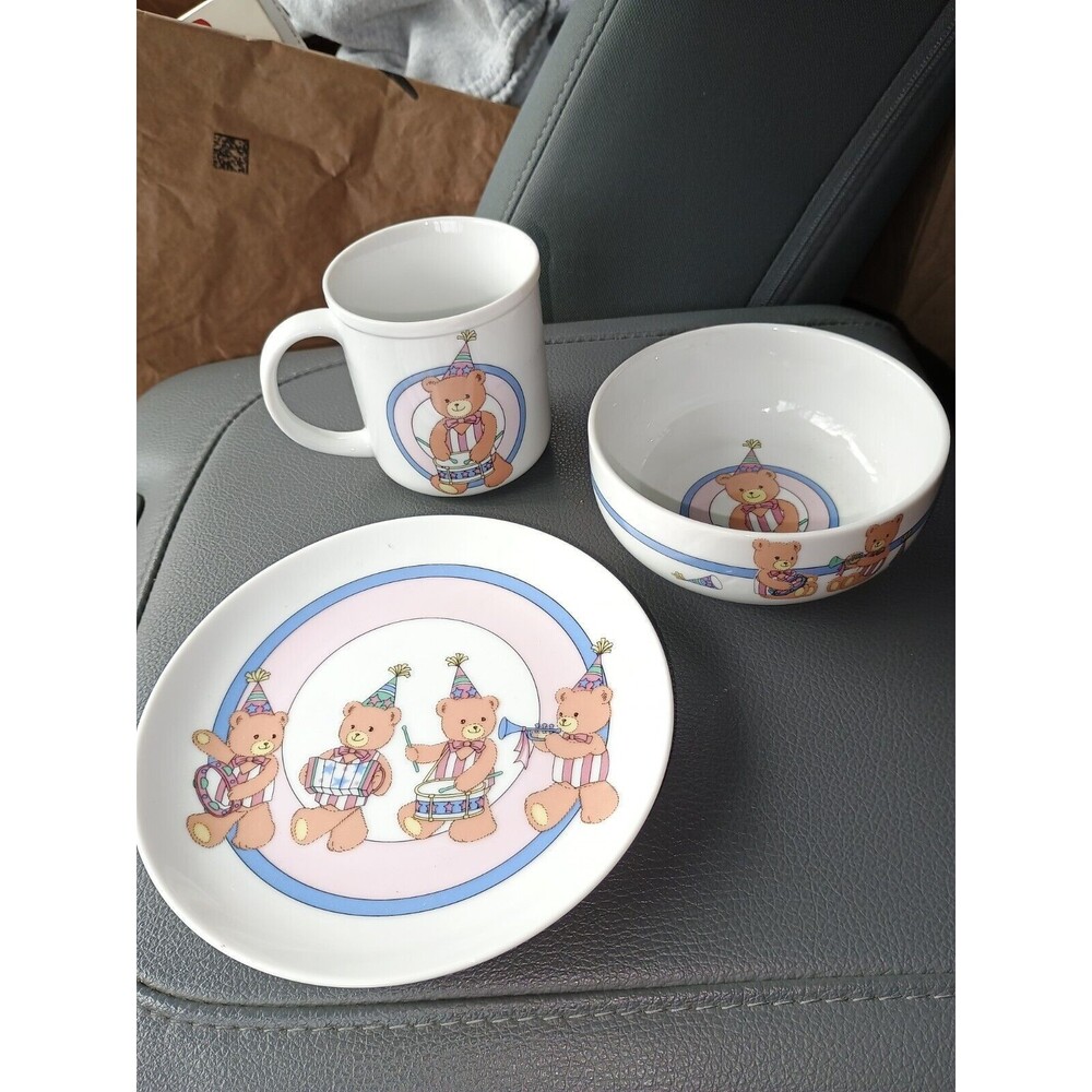 Vintage Kohzan Japan Child's Plate,Bowl,& Mug Set Bears Band Parade Whimsical